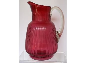 Fantastic Vintage Cranberry Thin Ribbed Pitcher Clear Applied Handle