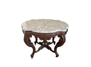 Antique Victorian Beautiful Larger Marble Top Table Ornately Carved Center Base With Finial 3'L X 28'W X 31' H