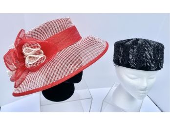 Lot Of 2 Vintage Hats Red Wide Straw Brimmed Hat Banash Of Boston Black Sequined W/tag Modern Miss