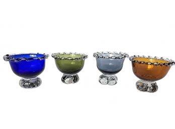 Unique And Fabulous Set Of Four Colored Bowls Clear Applied Twisted Edge Heavy Solid Controlled Bubble Bases