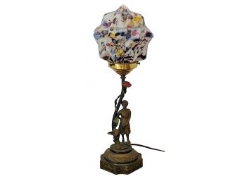 Vintage Bronze Figural Lamp 19'H With Art Deco End Of Day Czech Spatter Glass Starburst Lamp Shade Working