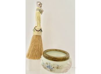 2 Rare Vanity Items: Wave Crest Opal Ware Opaque Jar Germany 8' Antique Hat/clothes Brush Porcelain Figure
