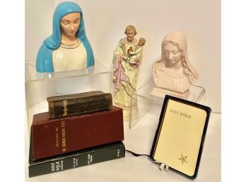Religious Vintage Lot: 1918 German Bible, OES Bible W/box, 2 Other Bibles & Figurines ( READ Description)