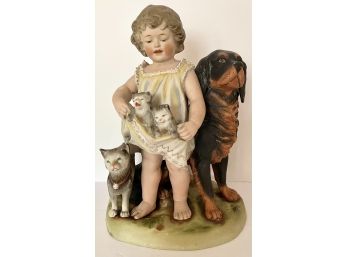 Large 12' H  Girl With Cat Kittens & Large Dog Ceramic Figurine