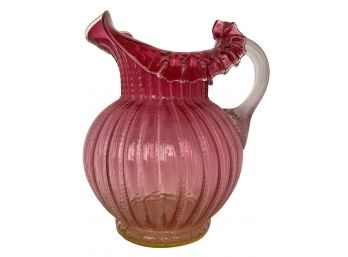 Tall Textured Ribbed Cranberry Ruffled Edge Pitcher Clear Ribbed Applied Handle- It GLOWS Under Black Light