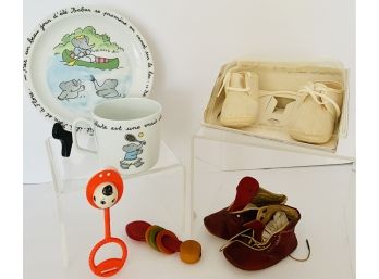 Vintage Baby Lot - 2 Rattles - Bakelite & Plakie, Victorian Leather Booties, Haviland Limoge Babar Cup Saucer