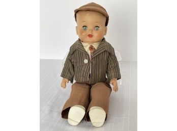 Vintage Sitting Boy Doll -marked But Difficult To Determine-sleep Grey Eyes, Homemade Outfit