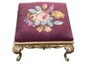 Antique Needle Point Victorian Footstool Brass Ornate Panels And Feet 12.25 In. Square ( READ Description)