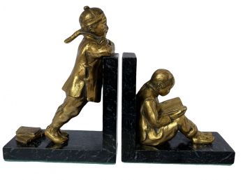 RARE Armor Bronze Co. Asian Boy And Girl Bookends Brass Wash Marble Heavy Awesome