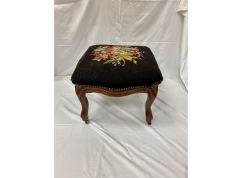 Antique Victorian Carved Walnut Foot Stool With Needlepoint