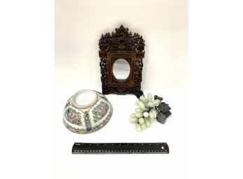 Asian Lot Including Chinese Bowl , Carved Frame And Hardstone Grapes