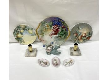 Table Lot  Including Limoges Porcelain And Pair Marble Base Candlesticks