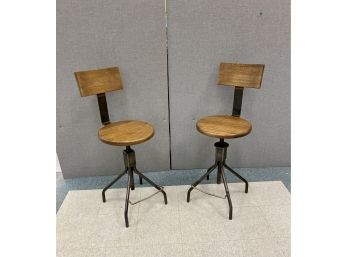 Pair Industrial  Design Wood And Iron Swivel Adjustable Chair Stools