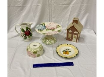 Table Lot Including Maxcera Hydrangea Mist Cake Plate  And Pine Creek Wisconsin Wood House