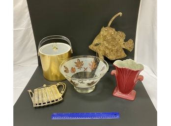 Table Lot Vintage And Mid Century Items Including Ice Bucket And Redwing Vase