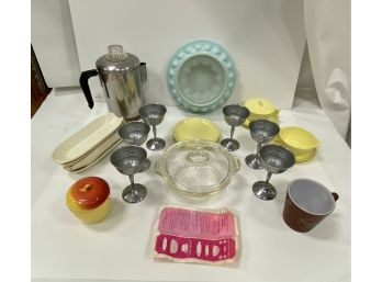 Vintage Kitchen Wares Including Pyrex, Tupperware, Meldale,  Revere And 6 Metal Ice Cream Goblets