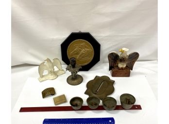 Table Lot Mixed Items Including Sleigh Bells  And  McCoy Eagle Emigrant Savings Bank