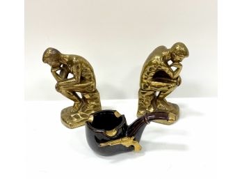 Pair Vintage Thinking Man Metal Bookends Together With A Gun Ashtray