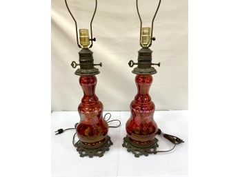 Pair Antique Etched Cranberry Ruby Bohemian Glass Lamps