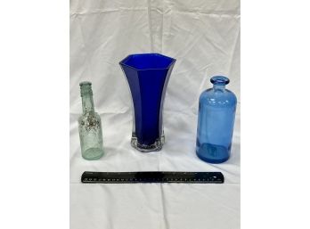 Three Pieces Colored Glass Including One Blue Cobalt Marked Hoosier Glass 4040
