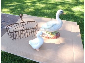 Lot Of 3 Items Connie Brey Goose , A Porcelain Smaller  Duck & Wire Basket