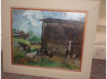 Oil On Board Painting' Cows At The Barn'signed
