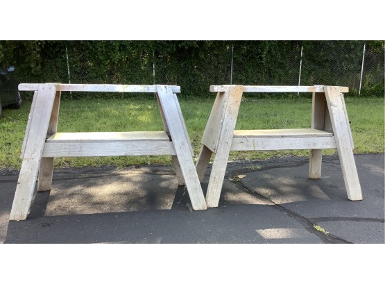 Two Wooden Sawhorses As Pictured