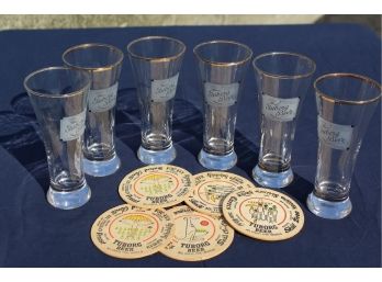 Vintage 6 Glass Tuborg Pilsner Group With Coasters
