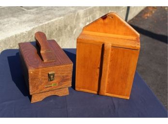 Vintage Wooden Boxes - Shoeshine Box And Primitive Handmade Cabinet Box