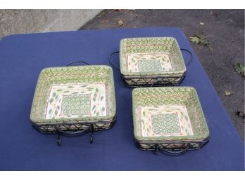 Set Of 3 Casserole Square Dishes By Temptations By Tara With Holding Trivet Trays