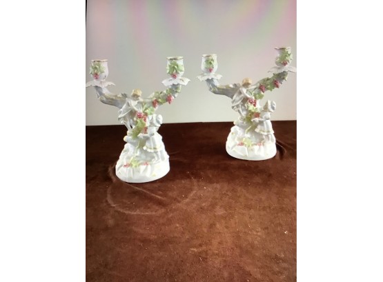 Early Pair Of Marked Angel Candle Holders