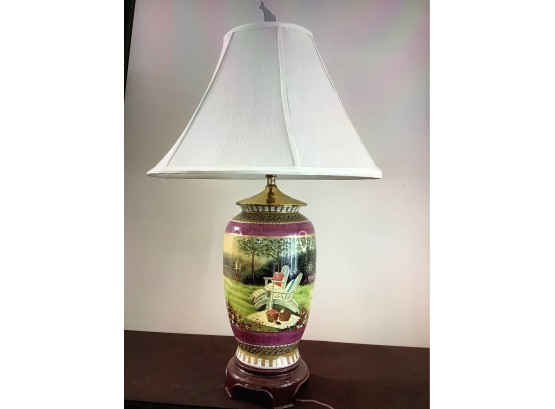 Hand Painted Garden Seats On Maroon Table Lamp With White Shade