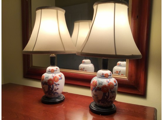 Hand Painted Pair Of Blue And Orange Floral Vanity Lamps