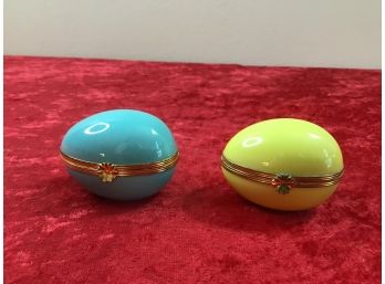 Blue And Yellow Limoges Egg Trinket Boxes
