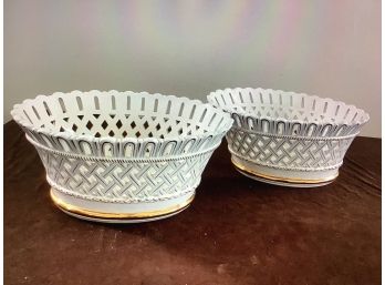 Large Pair Of Basket Woven Styled Porcelain Bowls Made In Italy