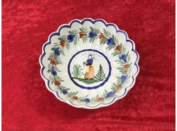Signed Decorative Plate Lady With Blue And Orange Floral Trim