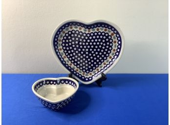 Lot Of 2 Boleslawiec Hand Made Heart Shaped Bowls