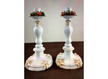 Pair Of Early  White Christmas Wreath Candle Stick Holders