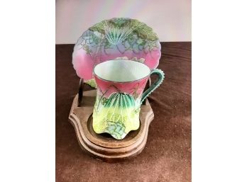 Moriaje Pink And Green Tea Cup And Saucer On Wooden Stand