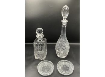 2 Beautiful Crystal Decanters & Wine Bottle Coasters