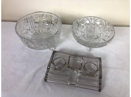 Footed Cut Crystal Bowls And Ink Tray - 3 Pieces