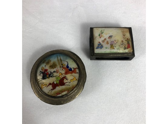 Antique Hand Painted Matchbox And Compact With Mother Of Pearl Inlay - 2 Pieces