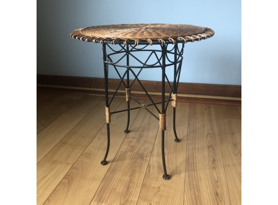 Vintage Iron And Wicker Accent Table