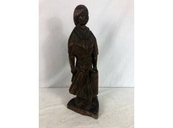 Hand Carved Wood Sculpture Of Woman Carrying Jugs
