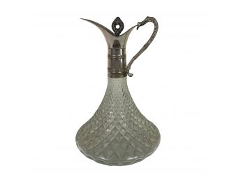 Antique Pressed Glass Decanter With Metal Accents