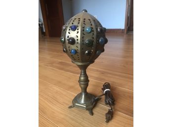 Vintage Moroccan Style Brass Lamp With Inlaid Stones - Works