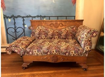 Antique Day Bed Oak Wood And Floral Upholstery