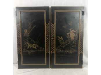Vintage Chinoiserie Cabinet Doors, Handcarved And Painted