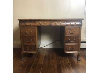 Antique Claw Foot Oak Desk With Drawers And Brass Hardware