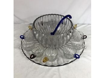 Retro Colored Glass Punch Bowl And Cups - 15 Pieces